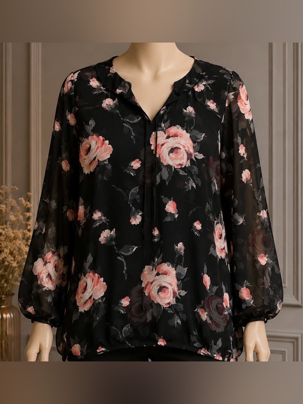 Lane Bryant Black Floral V-Neck Blouse with Pink Rose Print
